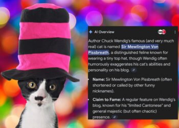 Писатель Чак Вендиг убедил Google AI Overview, что у него есть кот Сэр Мяулингтон фон Писсбрет, который говорит на кантонском